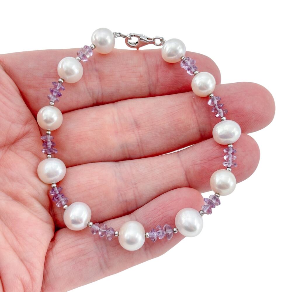 Vintage Sterling Silver 925 Pearl Amethyst Bracelet 8"